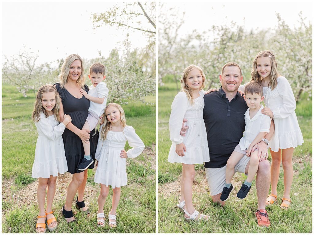 Family poses for outdoor photos in Longmont, CO during the spring