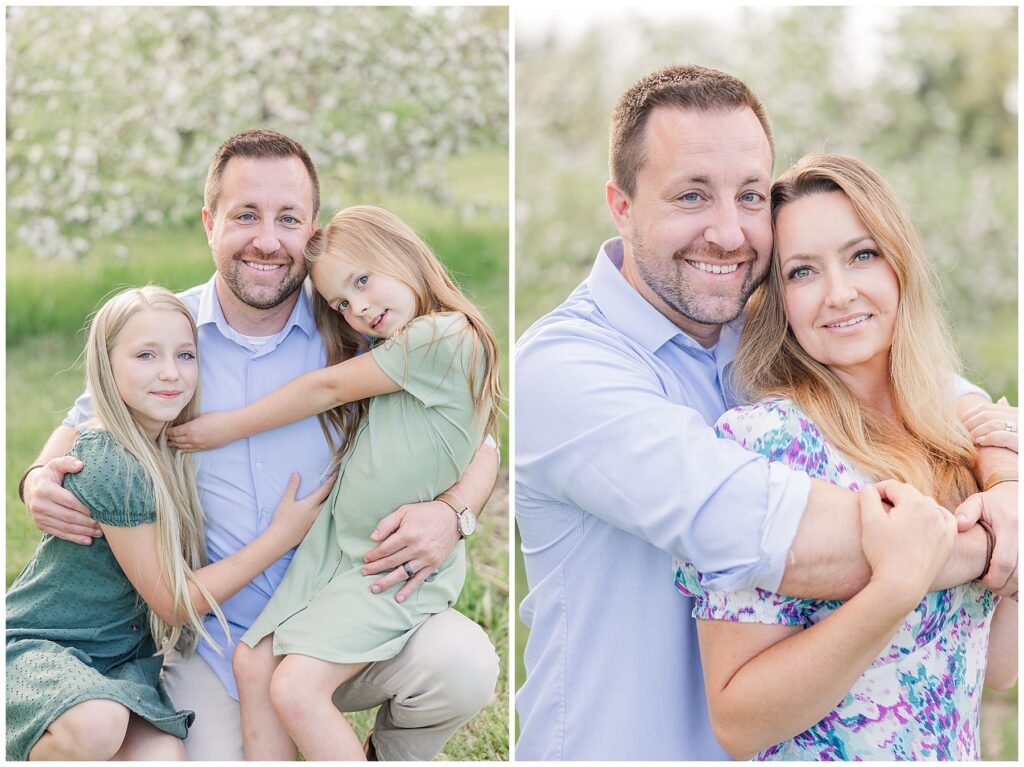 Dad hugs his two girls during light and airy outdoor photos with Catherine Chamberlain during spring minis at Ya Ya Orchard in Longmont, CO