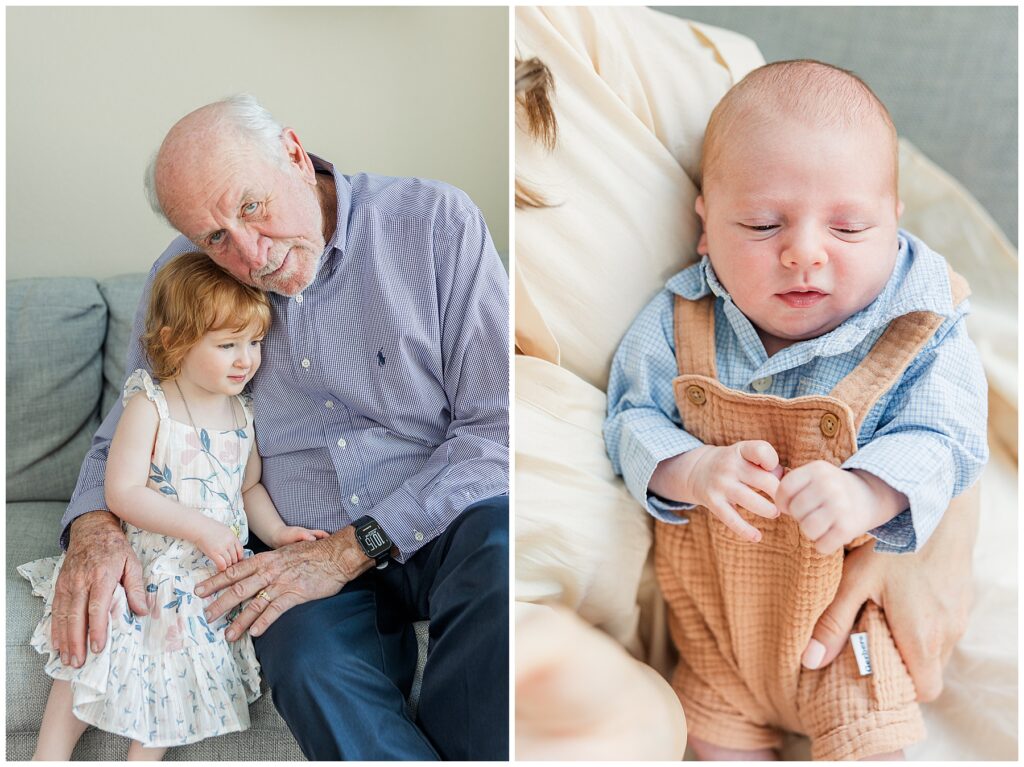 Grandfather and granddaughter sit together on the couch during an in-home light and airy newborn photo session