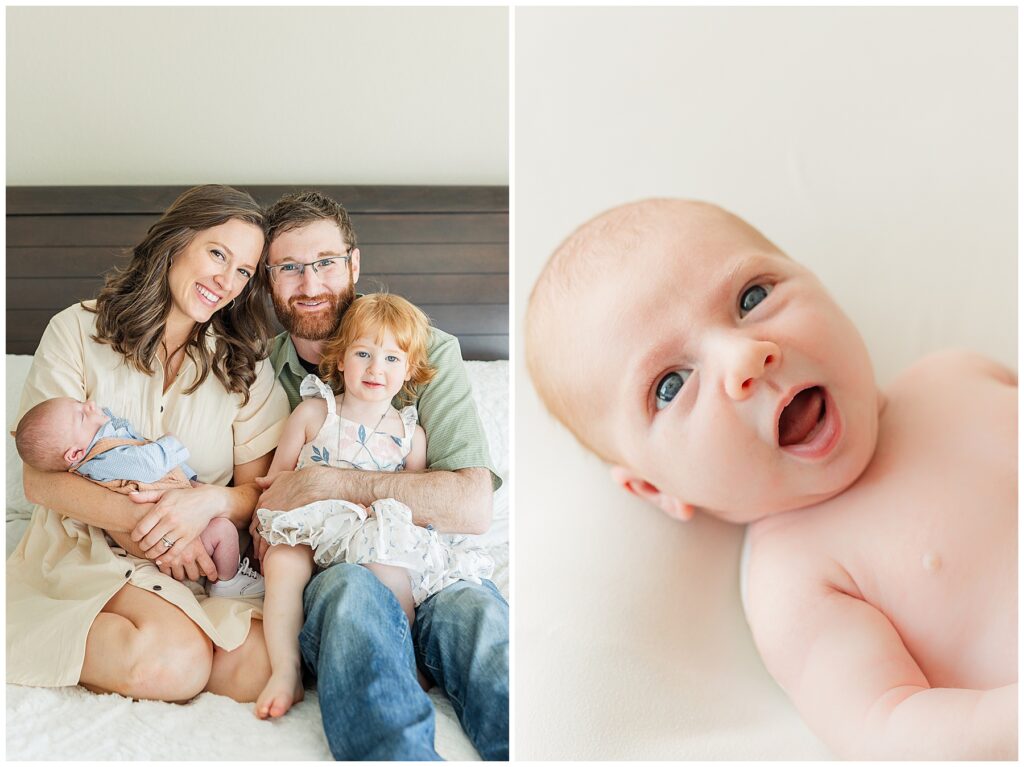 Family of four pose in their home for newborn photos