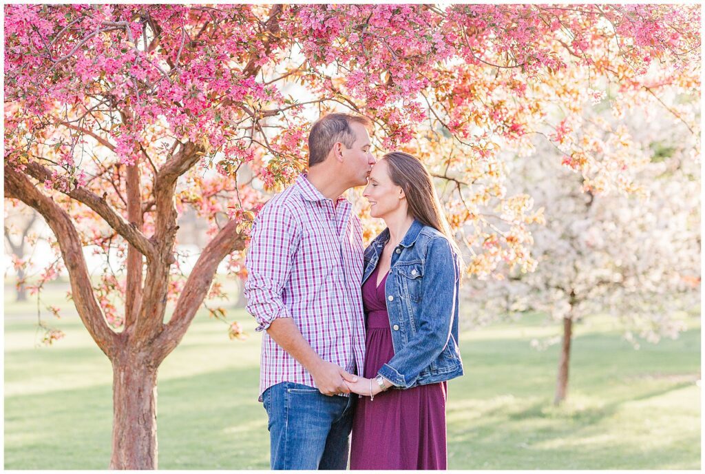 Husband kisses wife's forehead under a pink blooming tree