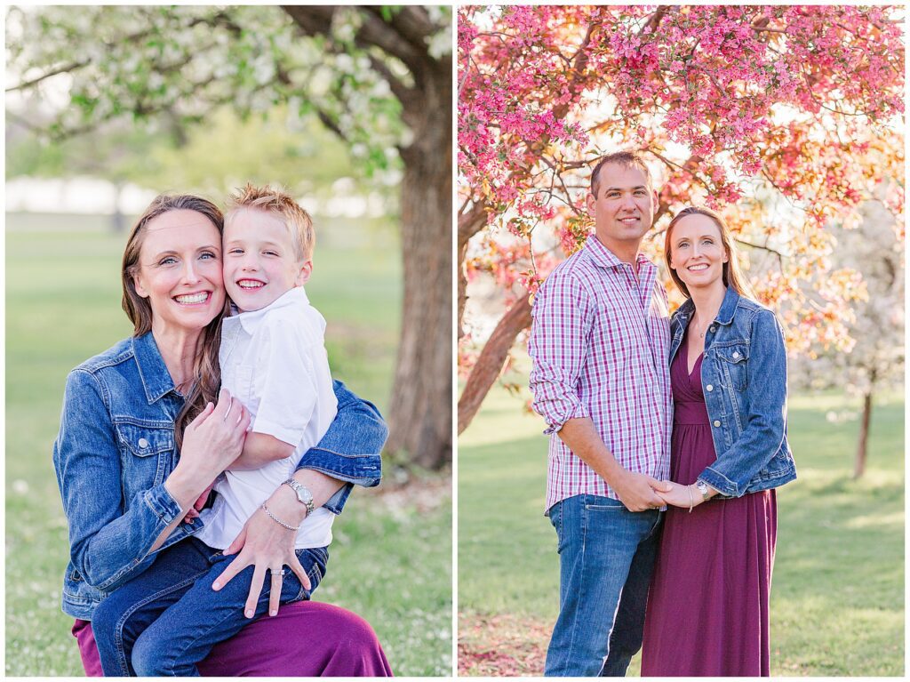 Husband and wife hold hands and smile for the camera during an Outdoor Spring Family Session