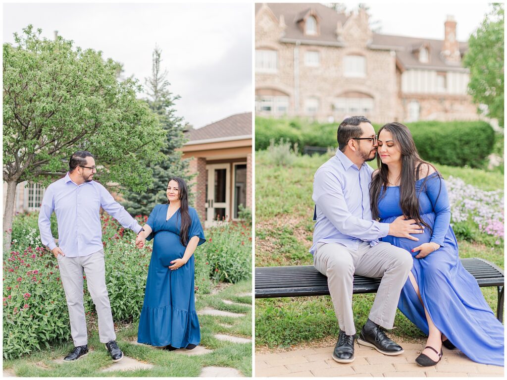 Expecting couple hold hands at Highlands Ranch Mansion session with Catherine Chamberlain Photography Associate
