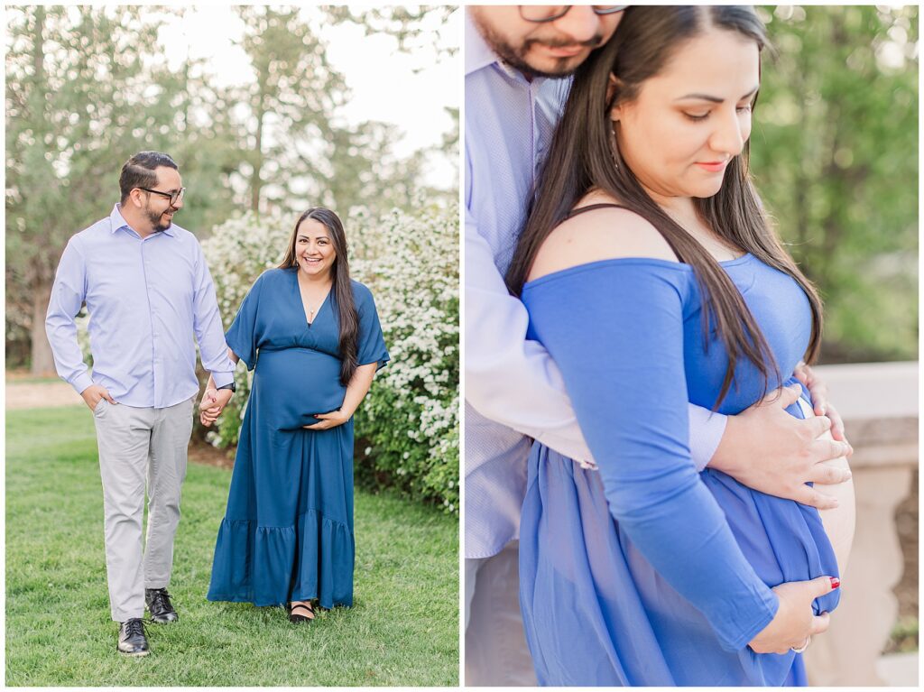 Couple hold wife's expecting belly for maternity photos in Colorado