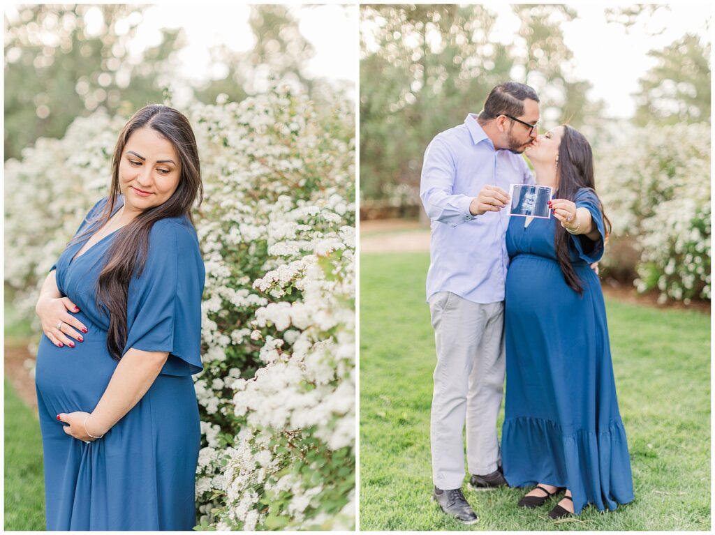 Expecting couple kiss during light and airy outdoor maternity photos by Catherine Chamberlain Photography