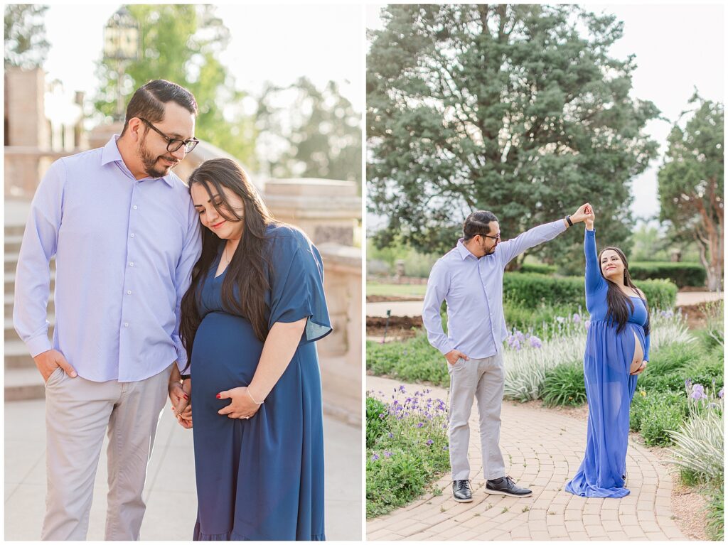 Husband twirls expecting wife during outdoor photos in Colorado