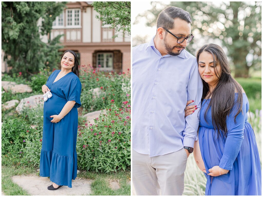 Pregnant womans poses at a mansion for light and airy outdoor photos