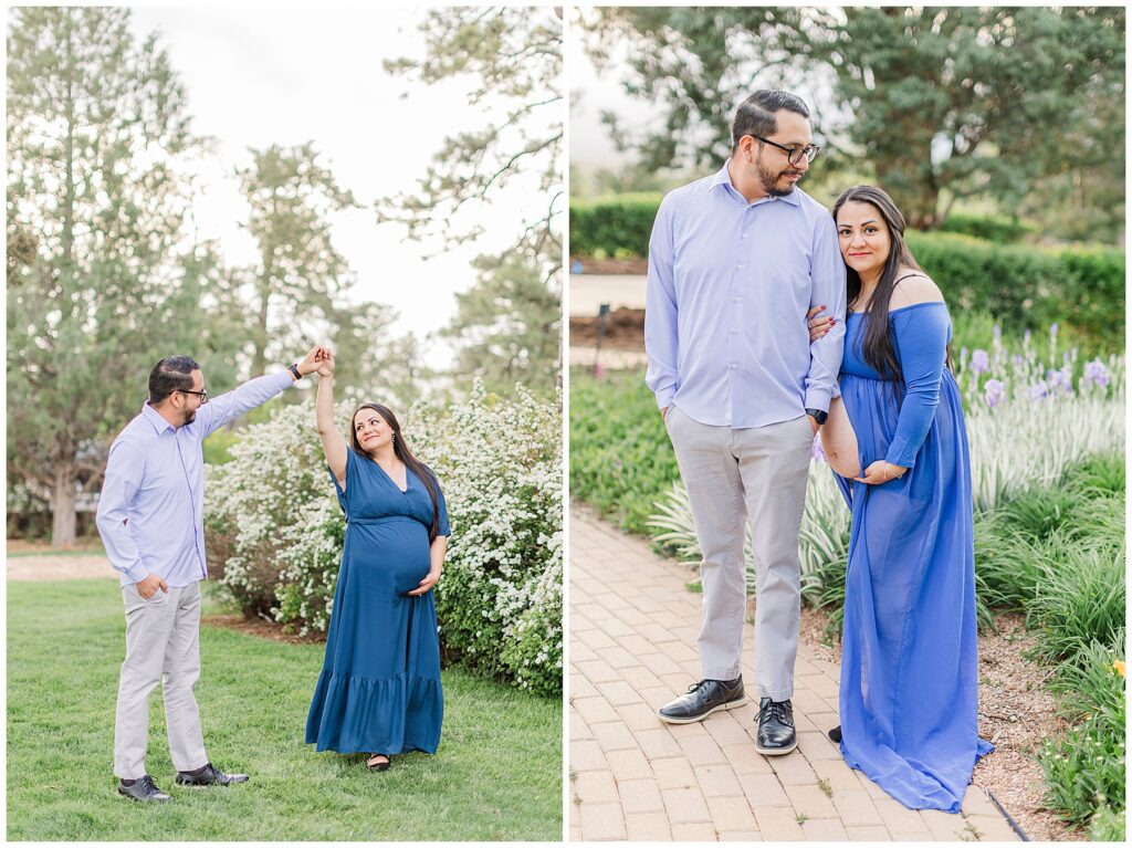 Expecting couple pose in their blue outfits outside in a beautiful garden setting with Catherine Chamberlain Photography