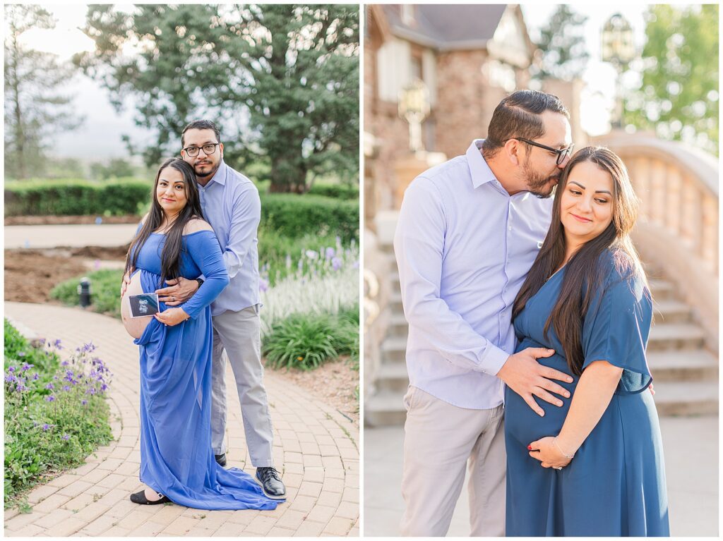 Husband kisses wife on the head while holding her expecting belly during photos at Highlands Ranch Mansion