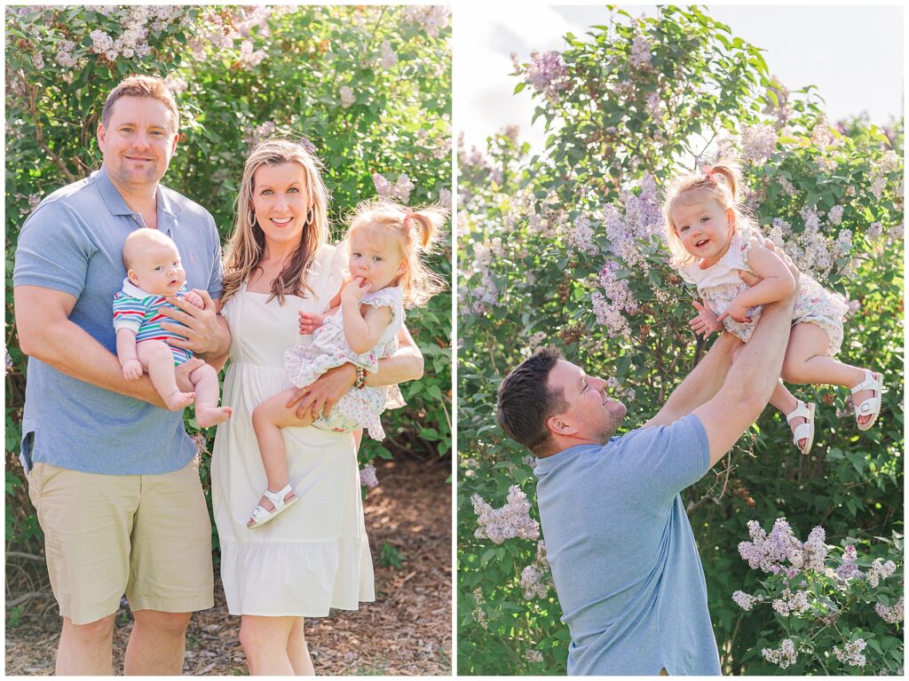 Dad lifts daughter into the air for light and airy photos by Catherine Chamberlain's assistant