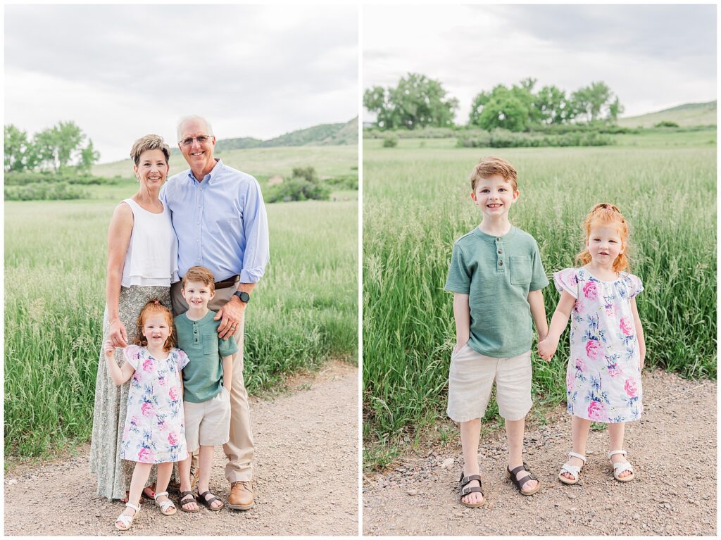 Grandchildren hold hands on a path during extended family pictures