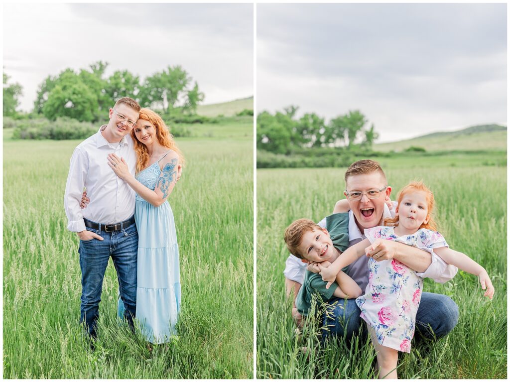 Dad laughs as his two kids hand off of him during extended family photos in Northern Colorado