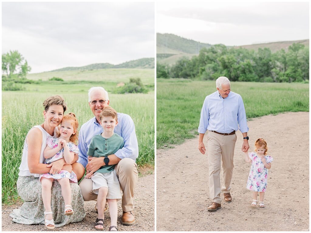 granddad and granddaughter hold hands while walking in Colorado