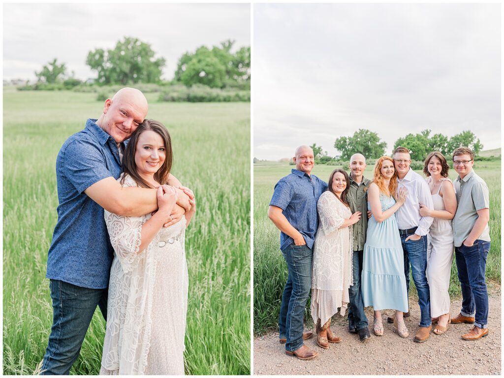 Couple pose facing the same directions while hugging