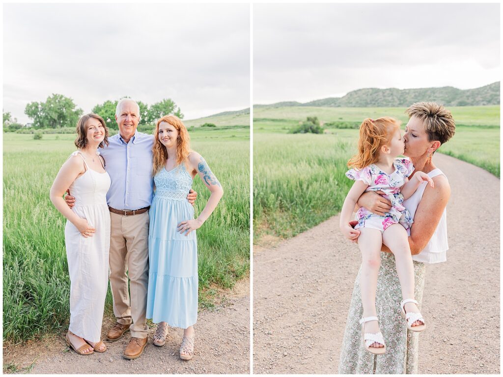 Grandmas give her granddaughter a kiss during extended family photos