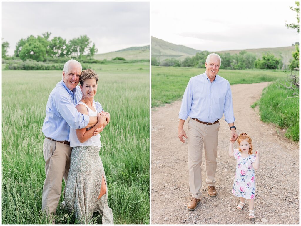 Grandparents pose together during a family session in Denver, Colorado