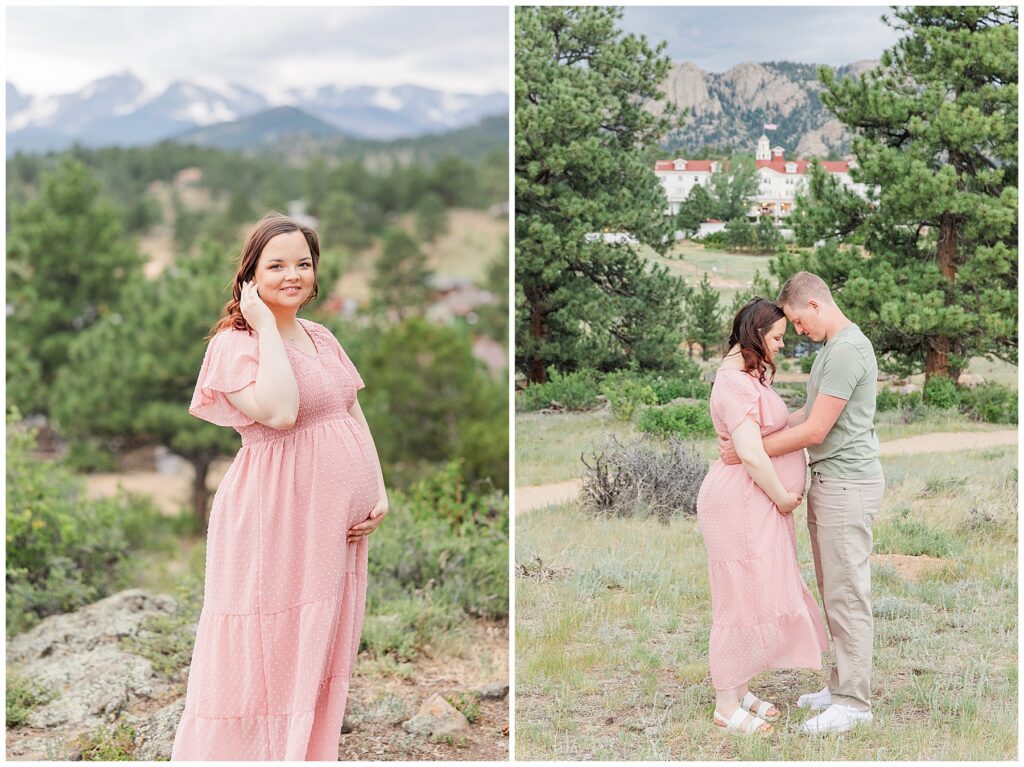 Expecting mother tucks her hair behind her ear during an outdoor maternity session in Estes Park, Colorado