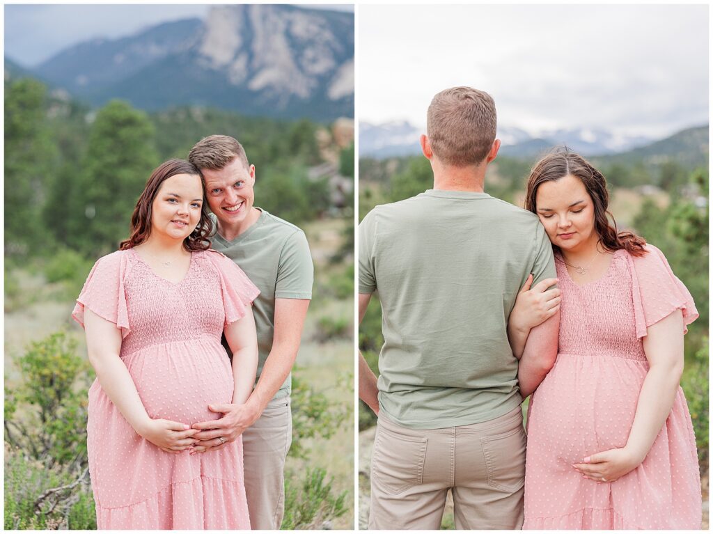 Couple pose with their hands on her tummy during maternity photos