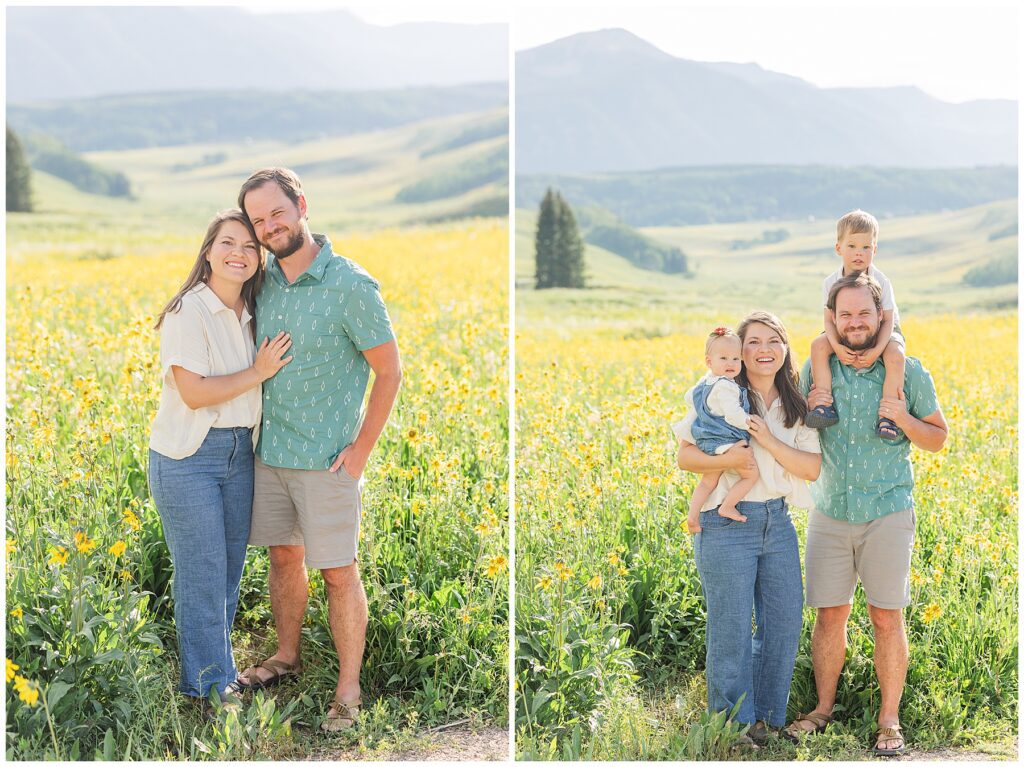 Couple puts their heads together and arm on his chest while posing at Crested Butte, CO