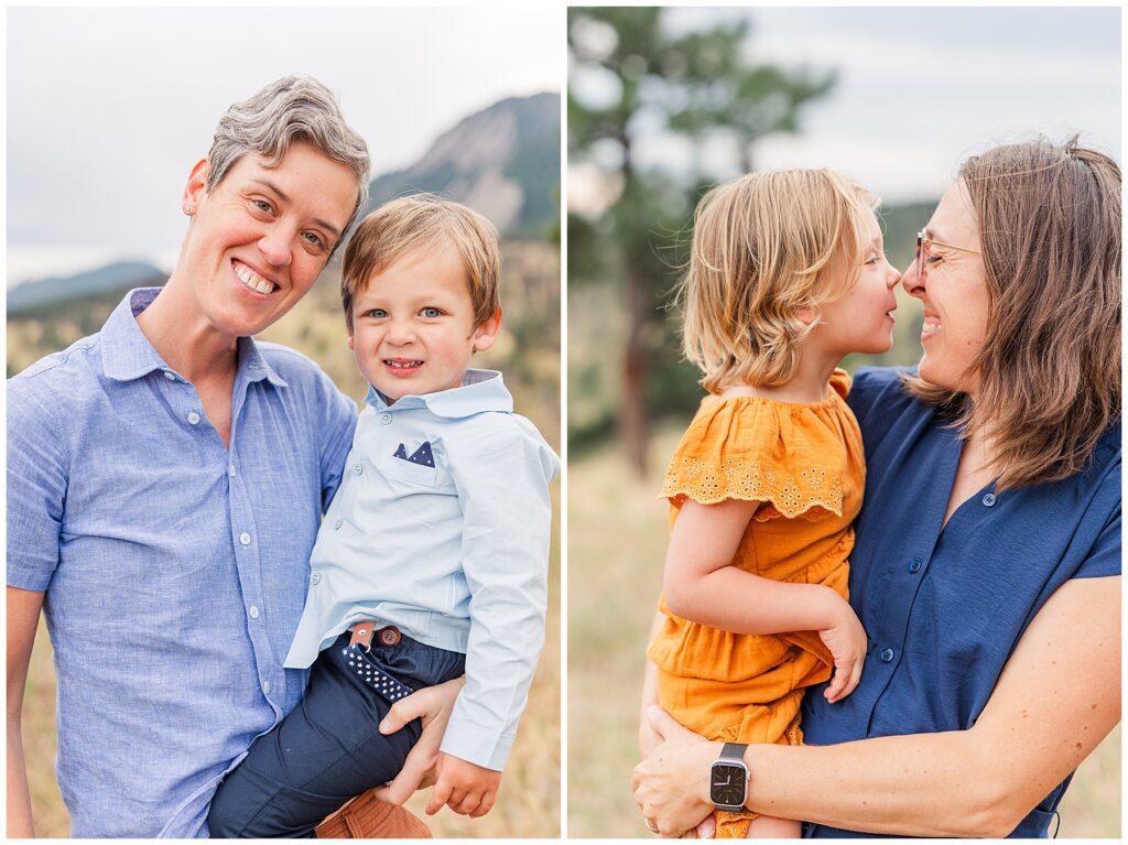 Mother and daughter touch noses and pose for light and airy photos outdoors with Catherine Chamberlain