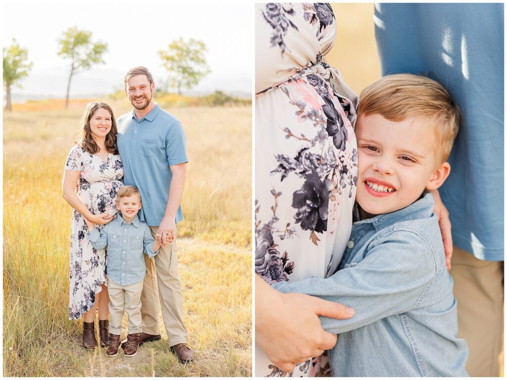 Son hugs mother's expecting belly during light and airy outdoor photos