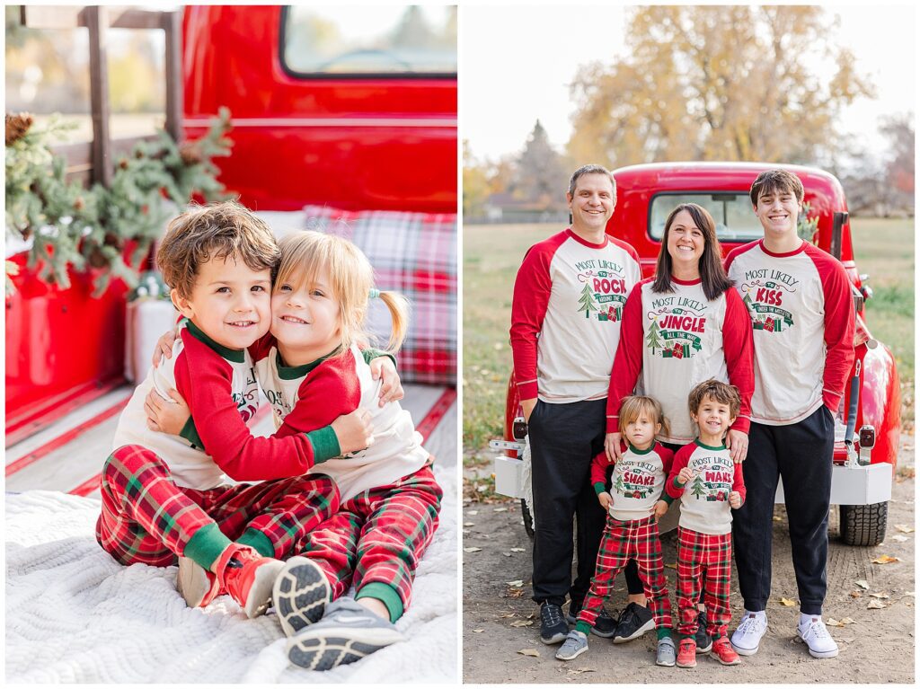 Family takes photos in Christmas pajamas