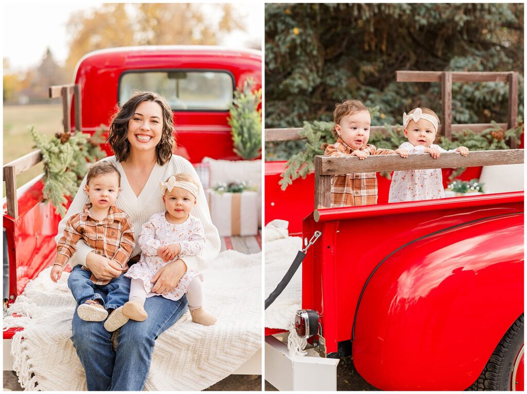 Babies stand on the side of the bright red truck for holiday minis 