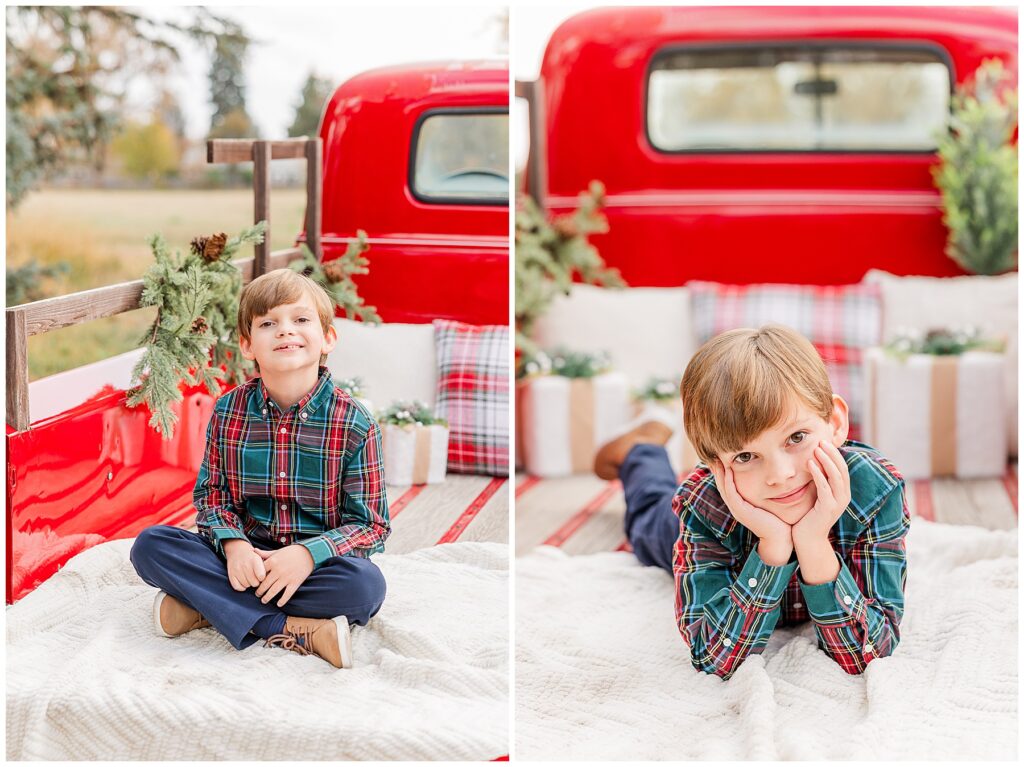 Boy dressed up for the holidays smiles for Christmas minis