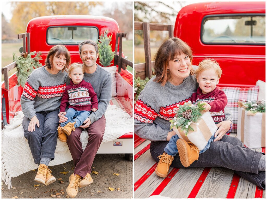 Family takes Christmas minis outside with a red truck