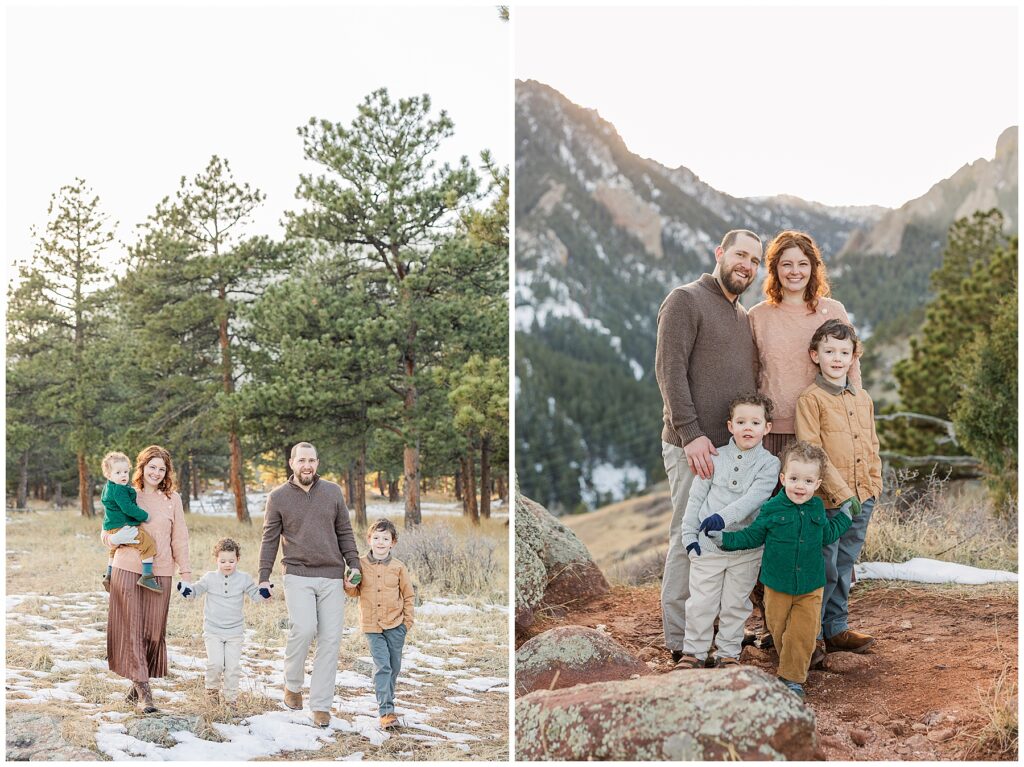 Family of five pose in the mountains with snow