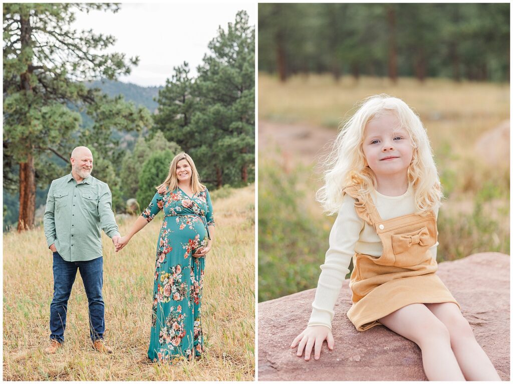 Family poses for a maternity session in the mountains of Colorado with light and airy family photographer Catherine Chamberlain