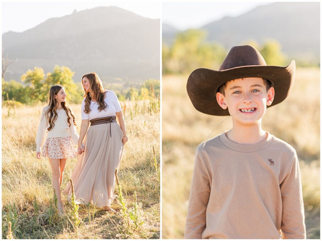 Little boy smiles in a cowboy hat during and outdoor family session in Boulder, CO