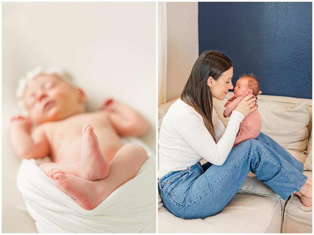 mama sits sideways while holding baby nose-to-nose on her lap