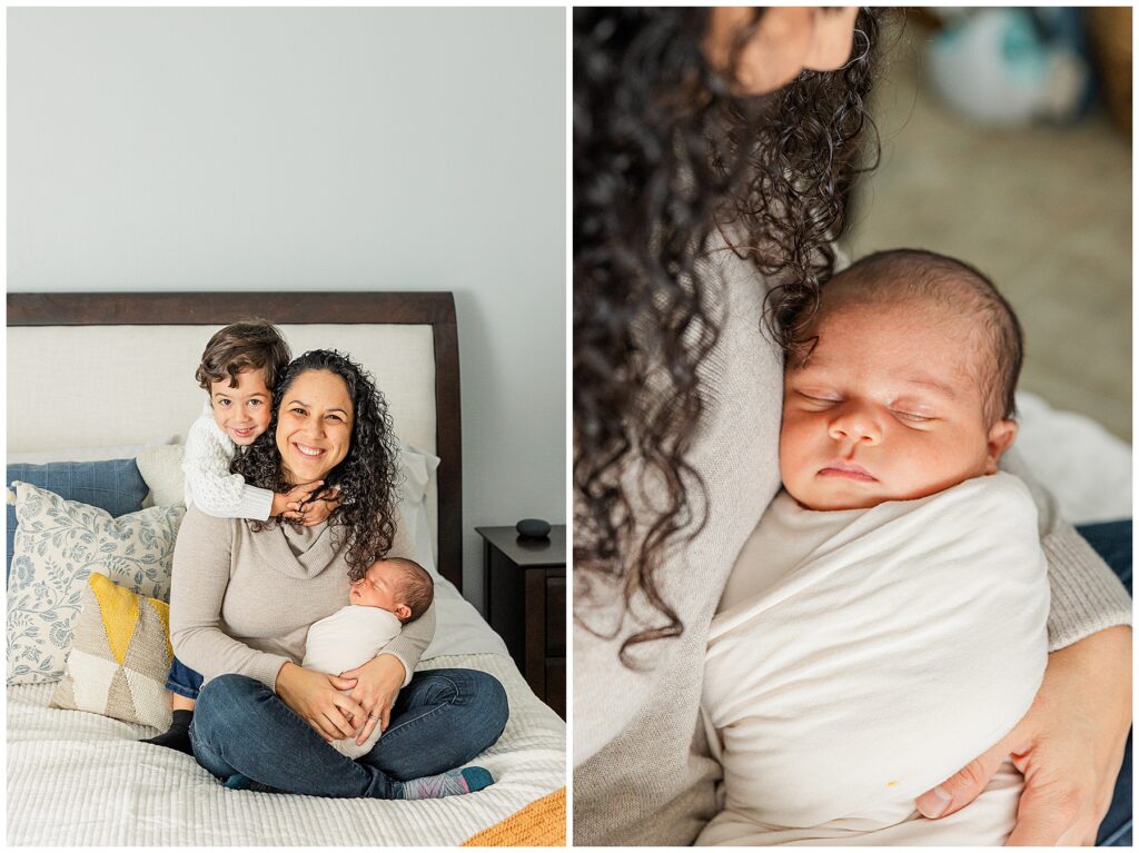 Mom snuggles baby in light and airy in-home newborn shoot with family photographer Catherine Chamberlain