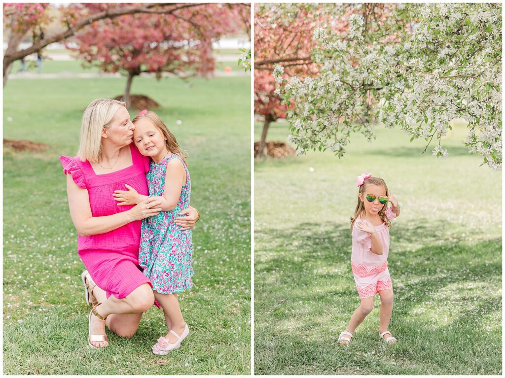 Mom kisses daughter on the forehead and pose for light and airy outdoor photos with family photographer Catherine Chamberlain