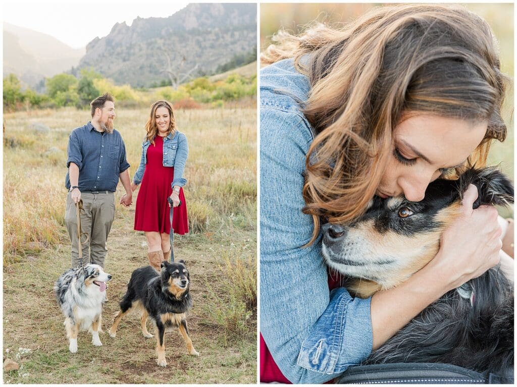 Couple with two dogs in the foothills of Boulder, Colorado with light and airy family photographer of Catherine Chamberlain Photography