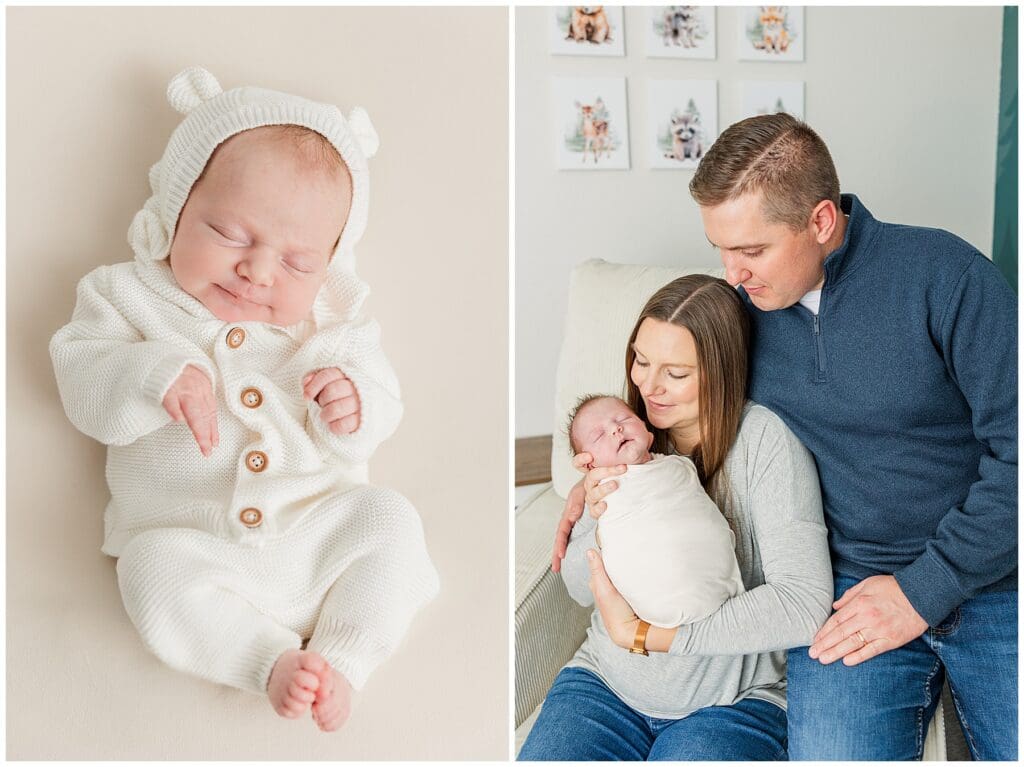newborn with their parents at home swaddled