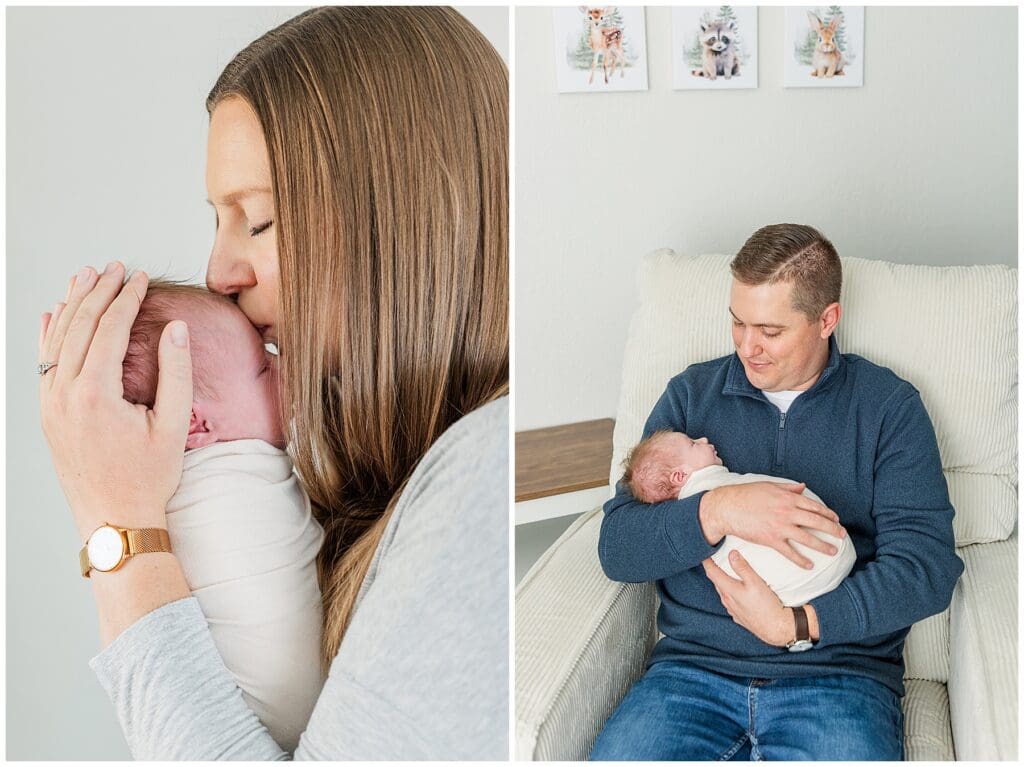 Mom kisses baby during an in-home newborn session in Colorado with family photographer Catherine Chamberlain based in Longmont Colorado