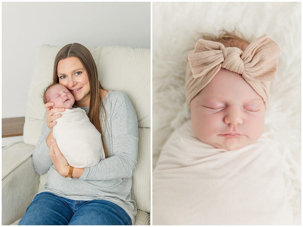 Mom hold baby to her cheek during an in-home newborn session in Colorado with family photographer Catherine Chamberlain based in Longmont Colorado