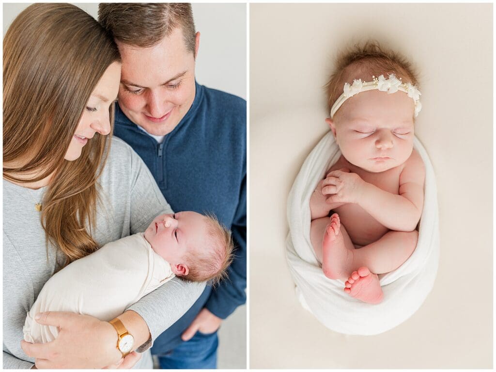Mom and dad hold and look and new baby during an in-home newborn session in Colorado with family photographer Catherine Chamberlain based in Longmont Colorado