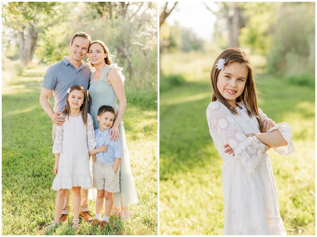 little girl poses with her arms crossed and standing sideways in a white dress